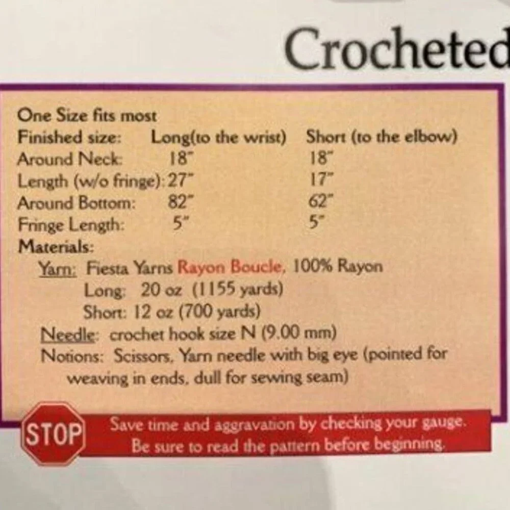 New 2004 Fiesta Yarns Franziska Collins Rayon Boucle Poncho Crochet Pattern